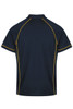 A navy polo shirt featuring yellow piping along the seams and a classic collar. It has a logo on the front.