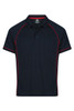 A navy polo shirt featuring red piping and a collar, designed for men. It includes a logo on the chest.