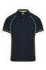 A navy polo shirt with contrasting neon yellow piping and a logo. Suitable for casual wear or sports.