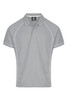A grey polo shirt with white piping and a collar, featuring a logo on the chest area.
