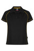 A black polo shirt with yellow piping and a collar, featuring branding on the label.