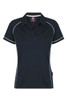 A navy polo shirt with white piping and a collar, featuring a logo on the upper side.