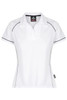 A white polo shirt with black piping, featuring a collar and a logo. Designed for women's wear.
