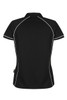 A black polo shirt featuring white piping, designed for women, with a logo.