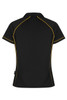 A black polo shirt with yellow piping, featuring a collar and short sleeves. It has a logo on the side.
