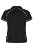A black polo shirt with lime green piping, featuring a collar and short sleeves. It includes a logo.