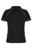 A black polo shirt with orange piping details and a logo on the back.