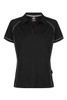 A black polo shirt featuring contrasting piping and a logo. Designed for women's wear with a classic fit.