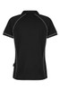A black polo shirt featuring contrast piping along the seams and a logo on the lower side.