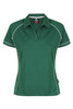 A green polo shirt with white piping and a collar, designed for women, featuring a logo on the chest.