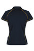 A navy polo shirt with yellow piping and a logo on the back. It features a classic collar and short sleeves.