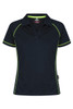 A navy polo shirt featuring lime green accents and a branding logo. Short sleeves and a classic collar design.