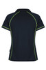 A navy polo shirt featuring lime green piping and a logo. It has a classic collar and short sleeves.