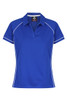 A blue polo shirt designed for women, featuring a classic collar and contrasting piping details. It has a logo on the label.