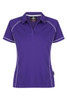A purple women's polo shirt with contrasting white piping and a collar. The shirt features a logo on the front.