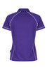 A purple polo shirt with white piping details and a logo on the side. The shirt has a classic collar and short sleeves.