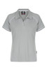 A light grey polo shirt with contrasting white piping and a logo on the collar.