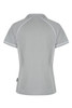 A grey polo shirt with white detailing and a logo on the side, featuring a classic collared design.