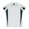 A white polo shirt with dark navy blue accents and a logo on the chest. Short-sleeved design.