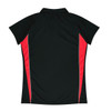 A black polo shirt with red side panels and a collar. Features a logo on the front.