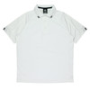 A white polo shirt featuring a classic collar and contrasting black stripes on the sleeves, with a logo on the chest.