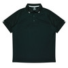 A dark green polo shirt featuring a classic collar and three buttons, with contrasting stripes on the sleeves.