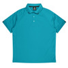 A turquoise polo shirt with a collared neck and a branded logo. Features raglan sleeves for comfort.