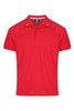 A vibrant red men's polo shirt featuring two white stripes on the collar and a logo.