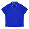A blue men's polo shirt with a classic collar and three-button placket, featuring a logo.