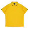 A yellow polo shirt featuring a contrasting collar and striped accents on the sleeves. It has a logo on the chest.