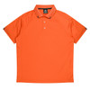 An orange polo shirt with a collared neckline and short sleeves, featuring a logo on the collar.