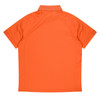 An orange polo shirt, featuring a classic design with a collar and short sleeves, has a branding logo.