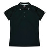 A black polo shirt with short sleeves and white stripes on the collar. Features a logo.