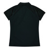 A black polo shirt featuring a classic collar and short sleeves, designed for women, with a logo on the back.