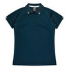 A navy blue polo shirt featuring a collar, button placket, and short sleeves with white stripes. Includes a logo.