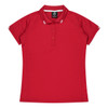 A red polo shirt with short sleeves and a collar, featuring a branded label and contrasting stripes.