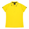 A yellow polo shirt with a collared neck and contrasting black stripes on the collar and sleeves. It features a logo.