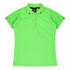 A bright green polo shirt with a collar, featuring a logo and contrasting black stripes on the sleeves.