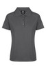 A charcoal grey polo shirt with a collar, buttons, and a logo on the chest.