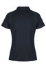 A dark navy polo shirt with a collared neckline and short sleeves, featuring a logo on the back.