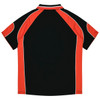 A black polo shirt with orange accents and white piping on the sleeves and collar. It features a branding logo.
