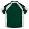 A green polo shirt with white detailing on the shoulders, featuring a branding logo.