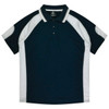 A navy and white polo shirt featuring a two-tone design and a collar, complete with a branding logo.