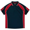A navy and red polo shirt featuring a collar, short sleeves, and a logo.