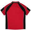 A red polo shirt with black accents and white piping, featuring a logo on the back.
