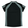 A black and grey polo shirt featuring a sporty design and short sleeves, with a logo on the collar.