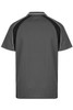 A grey polo shirt featuring black side panels and a logo. The back view showcases a simple design.