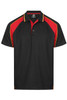 A black polo shirt with red and yellow accents, featuring a collar and a logo.