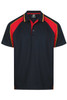 A navy blue polo shirt with red raglan sleeves and yellow accents, featuring a logo on the chest.