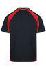 A black polo shirt with red and yellow accents, featuring a logo on the front.